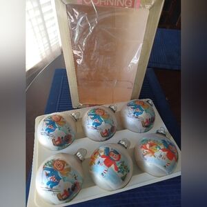 Vintage 1970s Raggedy Ann & Andy Glass Ornaments- Box Of 6